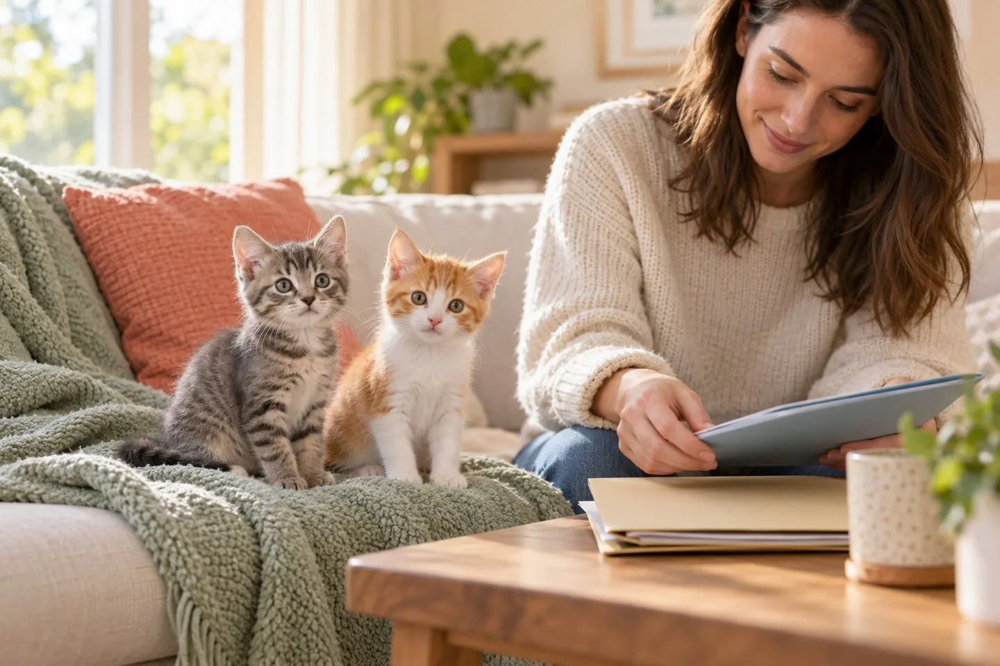 Woman reviewing folders beside a gray kitten and an orange-and-white kitten